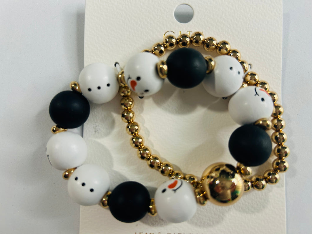 Christmas wood bead snowman 2pc bracelet set